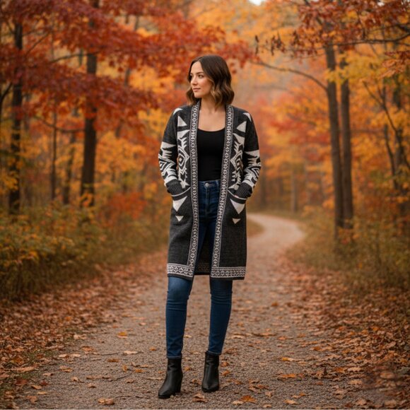 Davi & Dani NWT Aztec Open Front Gray Cardigan Sweater S - Boho, Fall, Winter - Picture 1 of 11